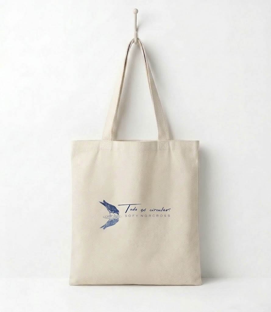 Tote bag de algodón color crudo con la impresión en azul marino de la portada del EP Todo es circular